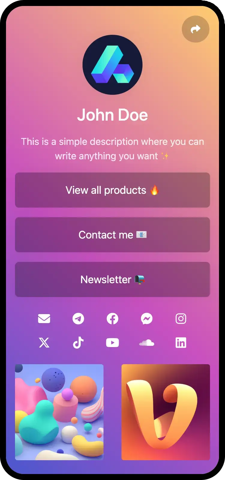 Captura de tela de exemplos de página de biolink